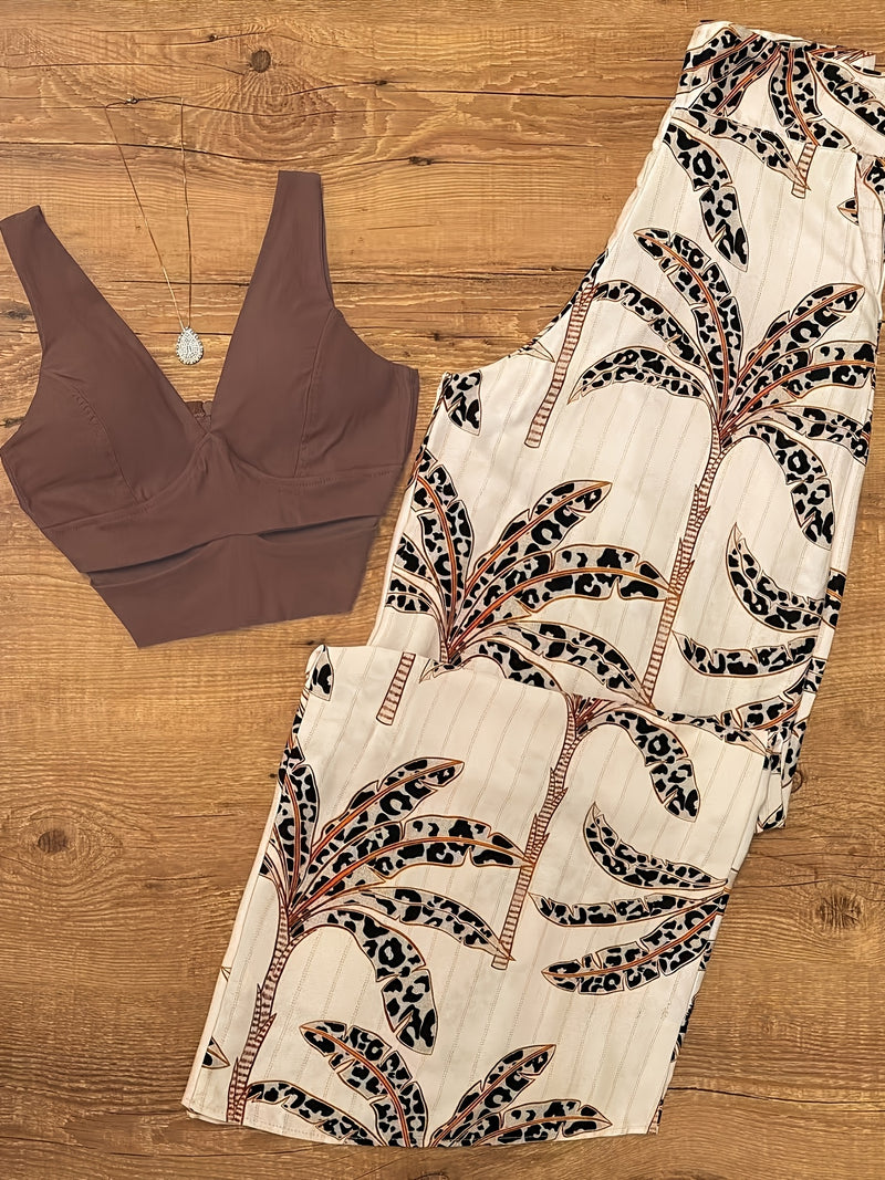 Women’s 2pcs Set, Brown V-Neck Vest Top Without Padding + Printed Pants.