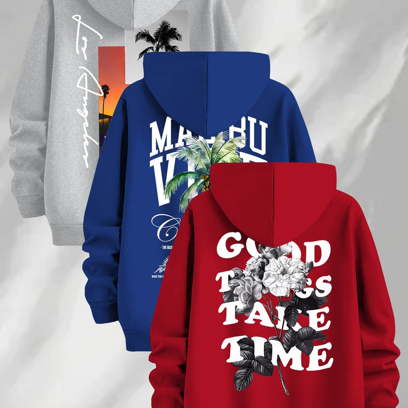 3pcs Trendy Print Sweatshirt, Men's Casual Hooded Sweatshirt.