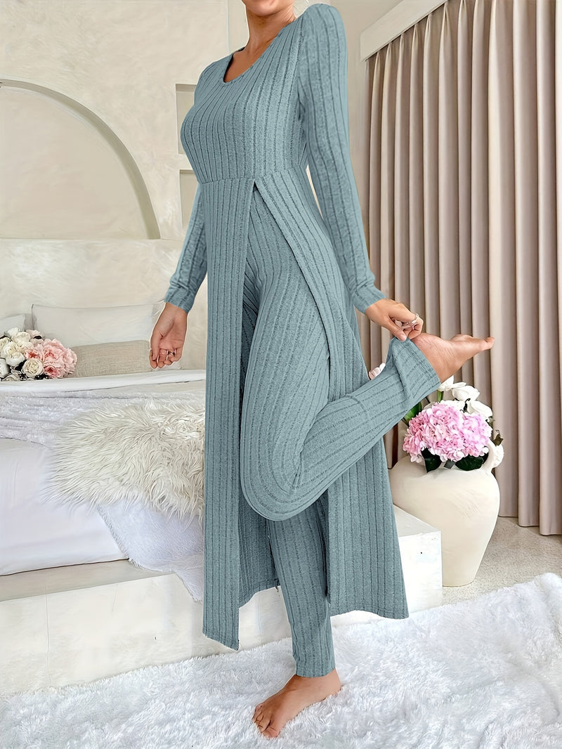 2pcs Women's Designer Round Neck Split Long Sleeve Top and Pants.