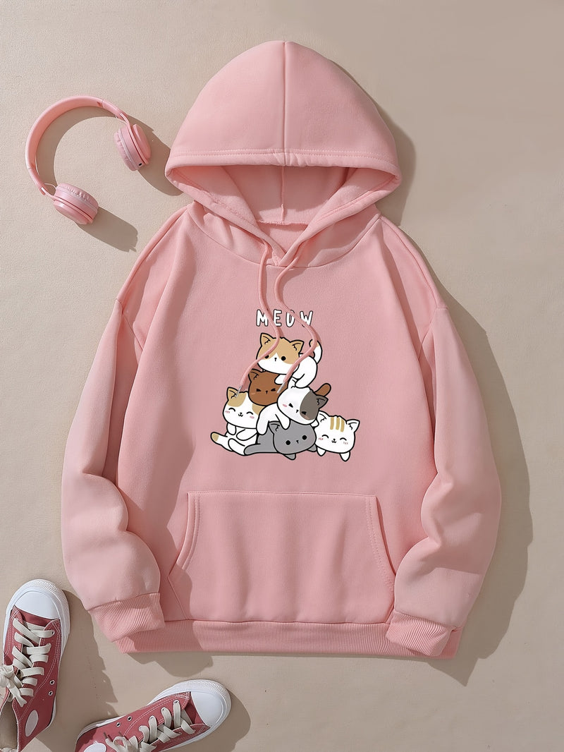 Fashion Hoodie for Women Featuring a Cartoon Cat Letter Print Design.
