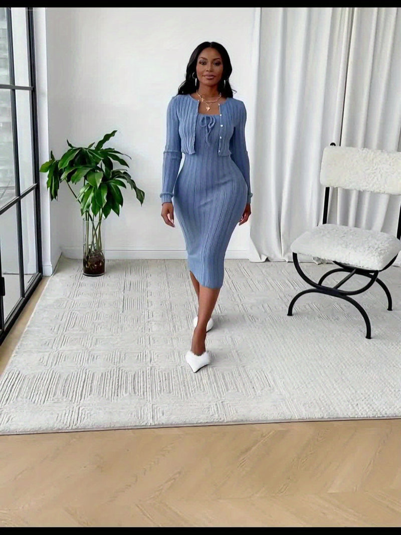 A Women's Casual And Stylish Solid Color Dress with a Bow Tie Neckline.