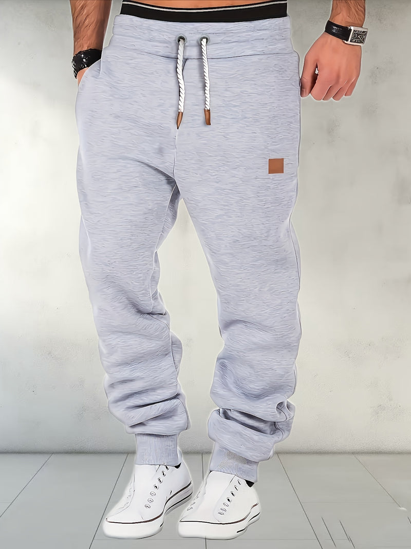 Men's Solid Color Loose Sports Pants, Micro Elastic Warm Thick Casual Pants.