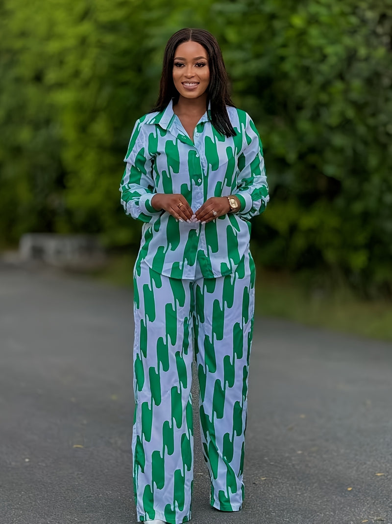 Women's Spring Summer Autumn Casual Button Long Sleeve Shirt Wide Leg Pants.