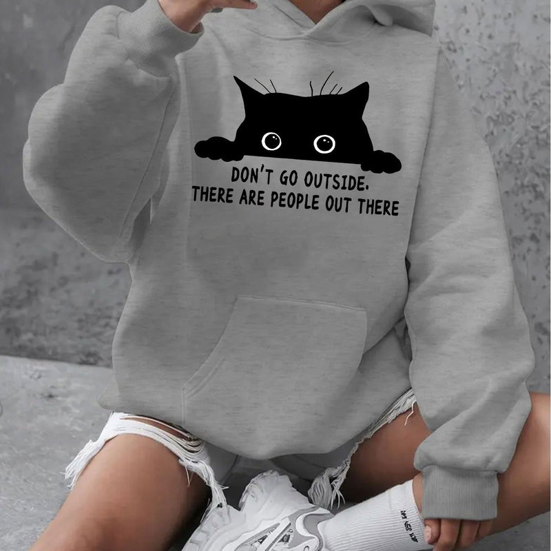 Women's Cozy Fleece Hoodie with Playful Black Cat Graphic.