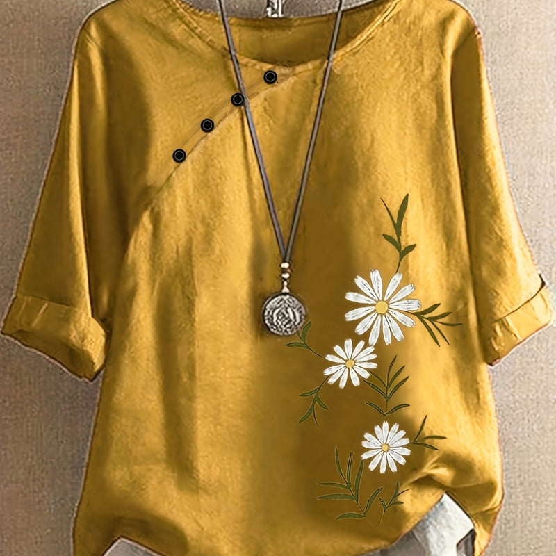 Casual Loose Blend Dandelion Print Short Sleeve Pullover T-Shirt for Women.
