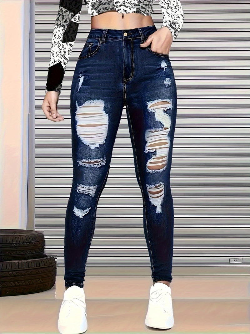 Women's Blue Distressed Skinny Jeans, Ripped Washed Denim Pants.