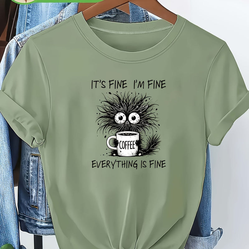 Women's Cat Print Round Neck Short Sleeve T-Shirt.