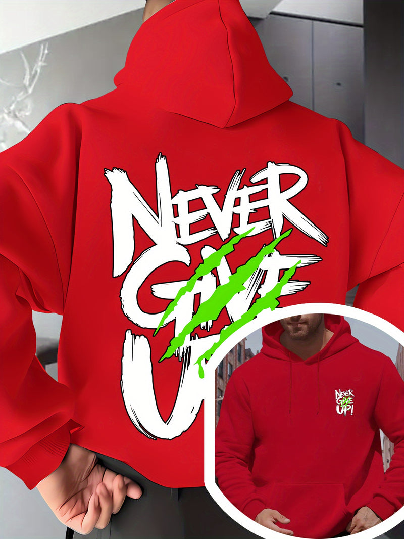 Men's Red Hoodie with "Never Give Up" Print.