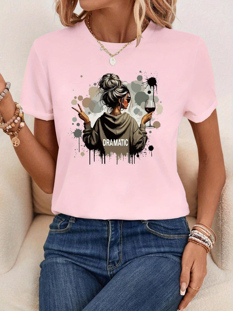 A Women's Stylish Printed Short-Sleeve T-Shirt with a Round Neck.