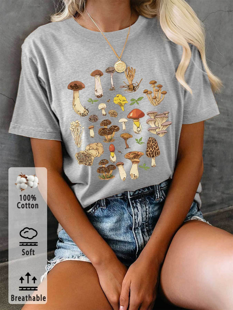 Women’s T-Shirt with Mushroom And Leaf Prints.