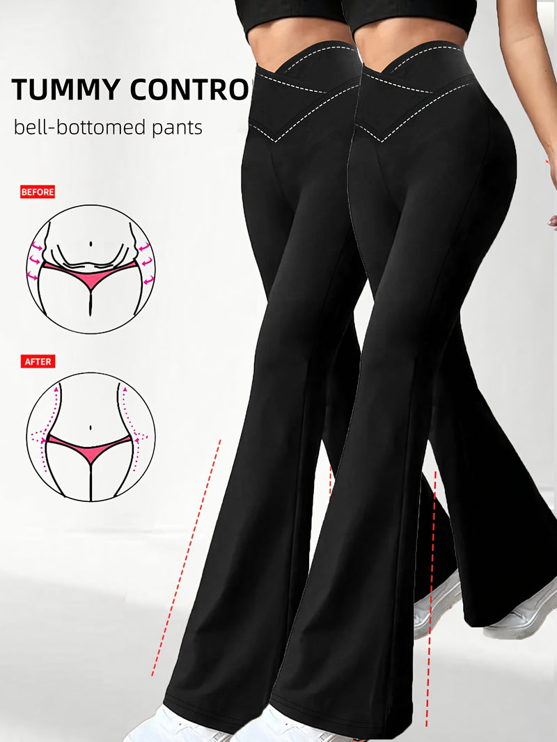 2pcs Women's High-Waisted Wide-Leg Bell-Bottom Tummy Control Pants.