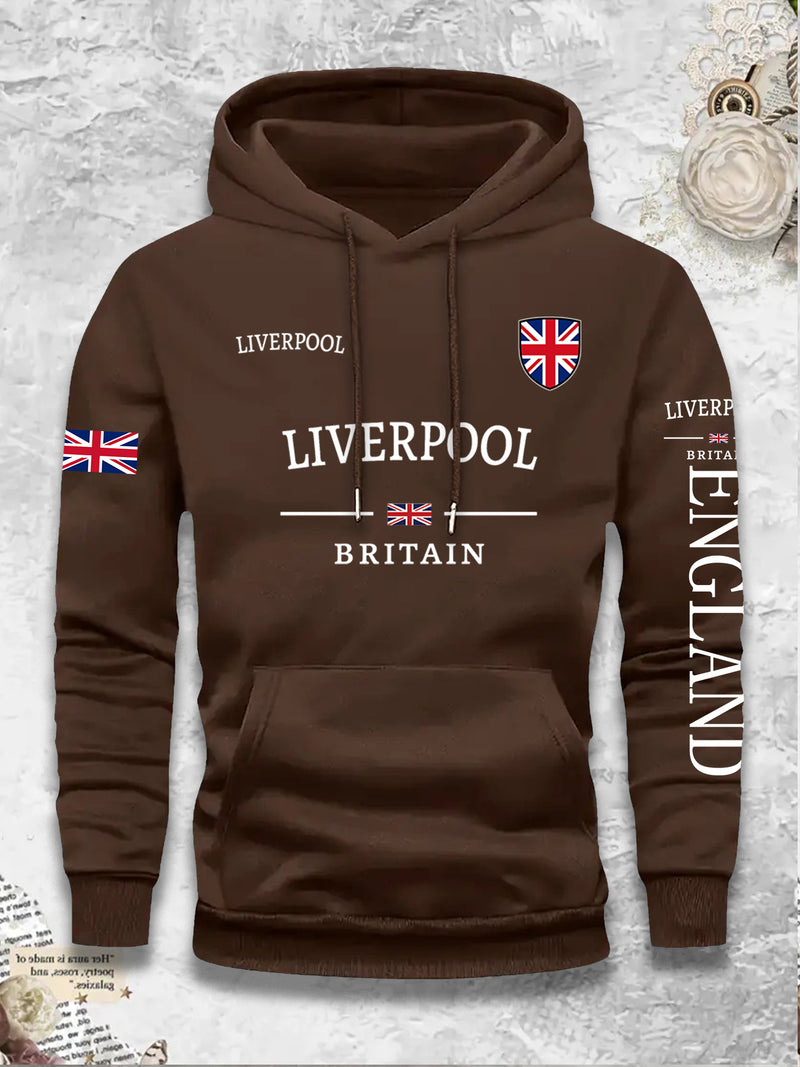 Men's Casual Versatile -Lined Hooded Sweatshirt with British Flag Print.