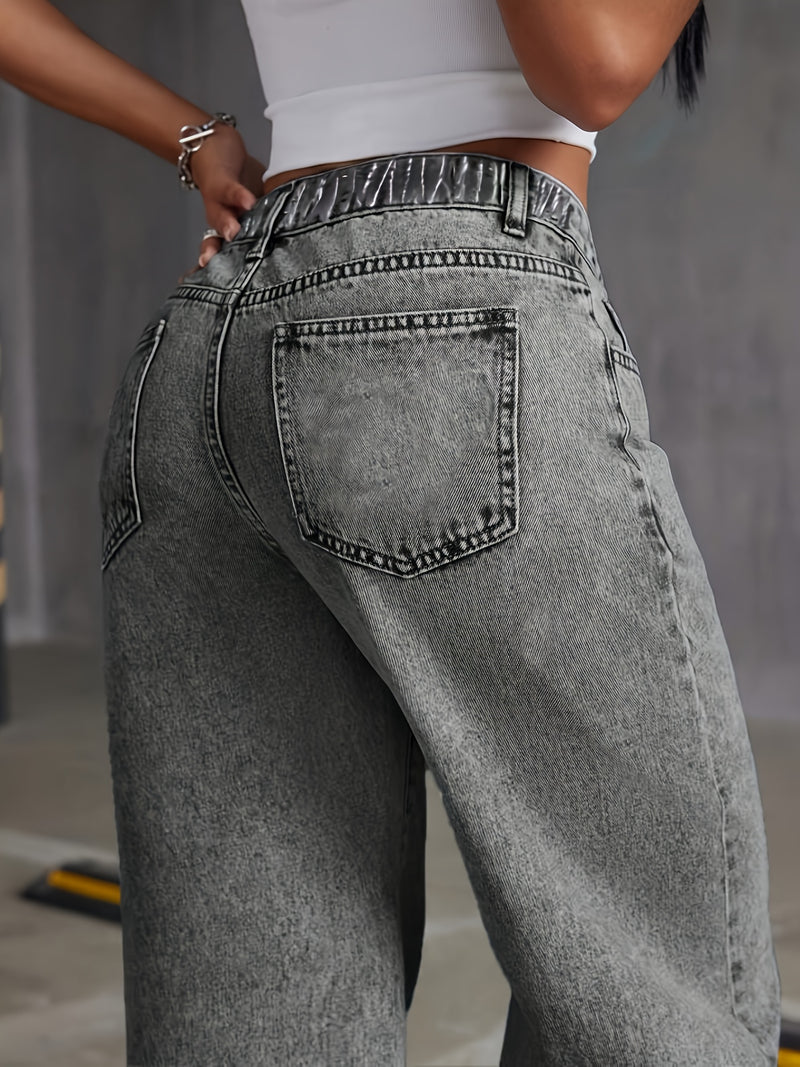 Women's High Waisted Wide Leg No Stretch Vintage Washed Jeans.