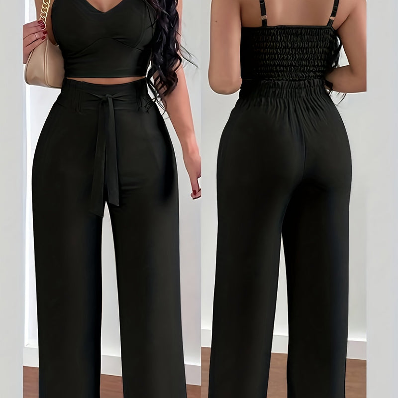 2-piece Women's Set with Thin Strap Stretch Camisole and Wide-leg Pants.