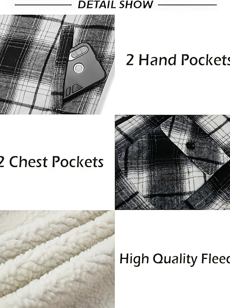 Men's Warm Jacket with Sherpa Lining, Plaid Hooded Zip-Up Winter Coat.