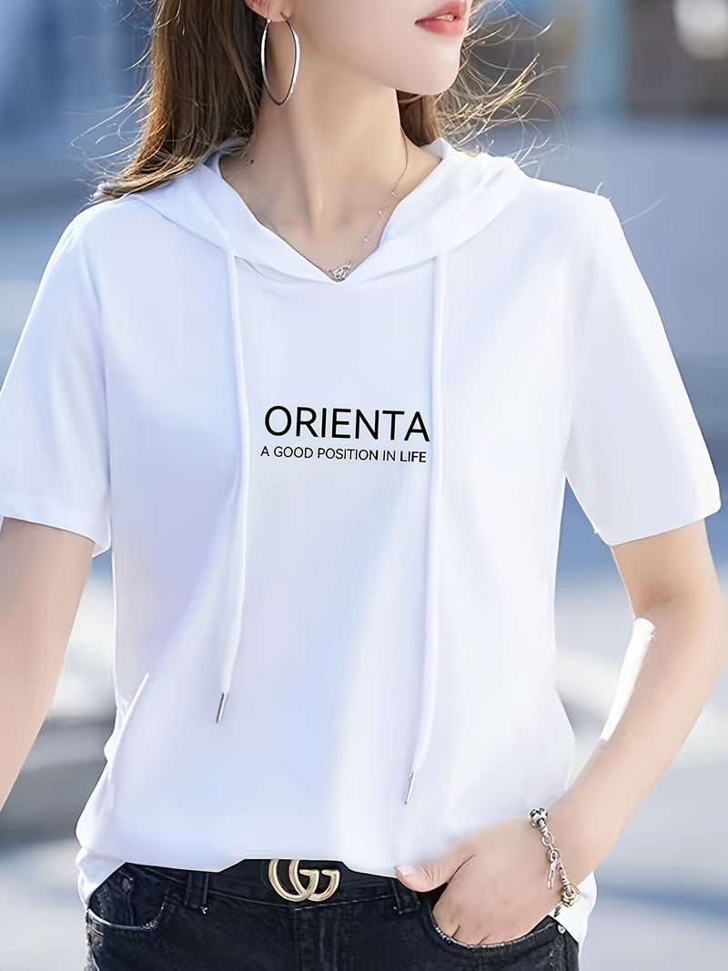 Summer New Korean Version Loose Short Sleeve Thin Trendy Printed Hooded T-Shirt for Women.