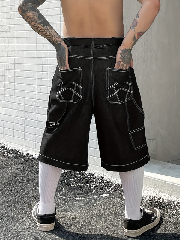 Men's American Embroidery Loose Fit Knee-Length Denim Shorts - Streetwear Style.