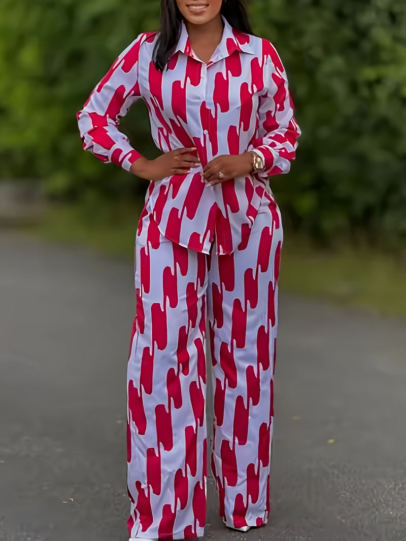 Women's Spring Summer Autumn Casual Button Long Sleeve Shirt Wide Leg Pants.