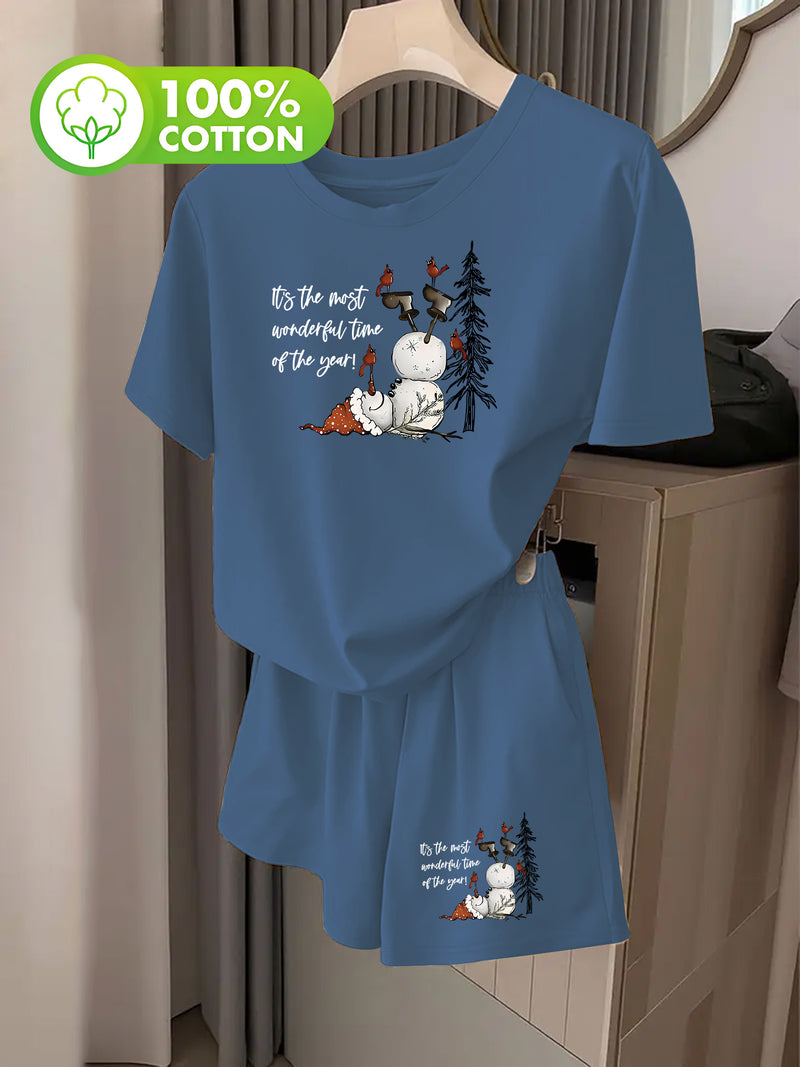 Women's Stylish Christmas Snowman Printed Short-Sleeve And Shorts Set.