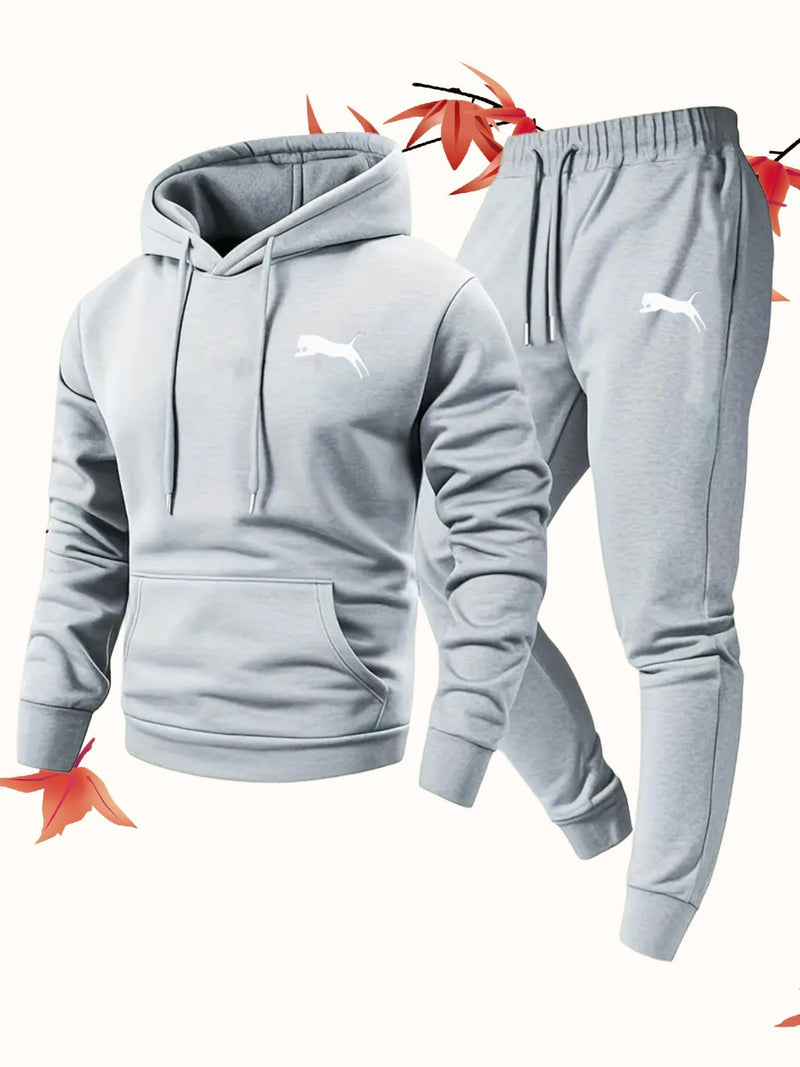 Fashion Versatile Warm 250gsm Hooded Sweatshirt + Pants Two-Piece Set for Men.