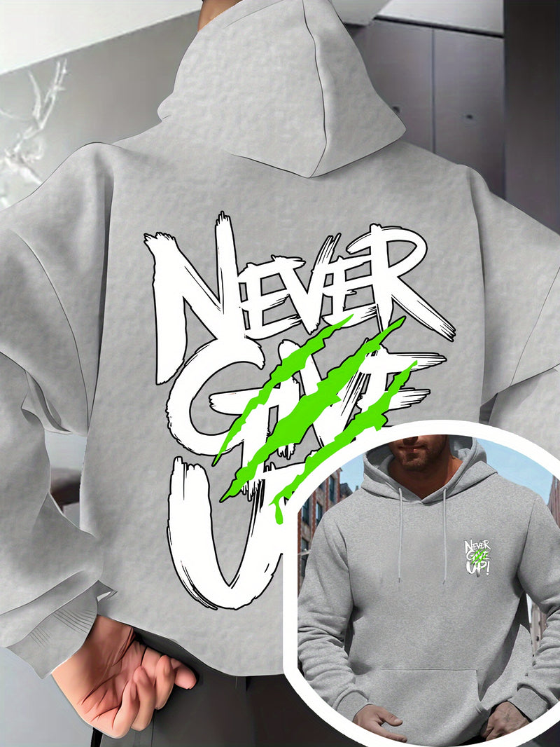 Men's Red Hoodie with "Never Give Up" Print.