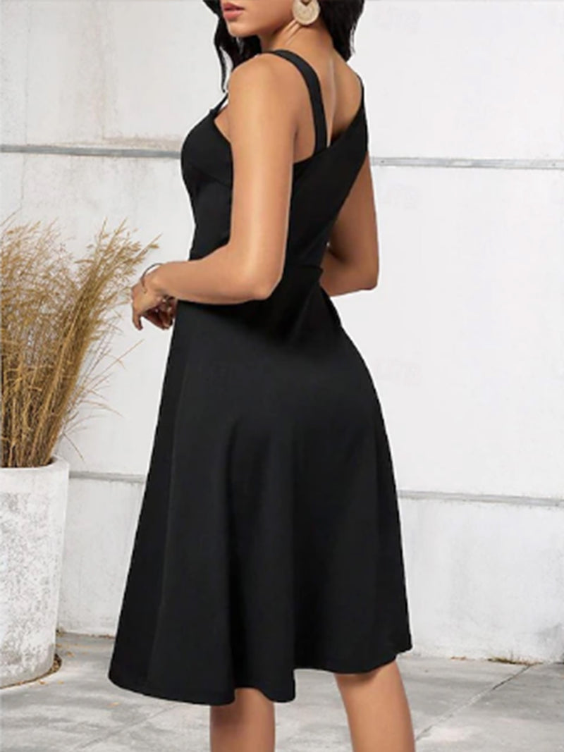 Color Block Asymmetric Neckline Dress, Elegant Button Detail Waist Dress, Women's Clothing