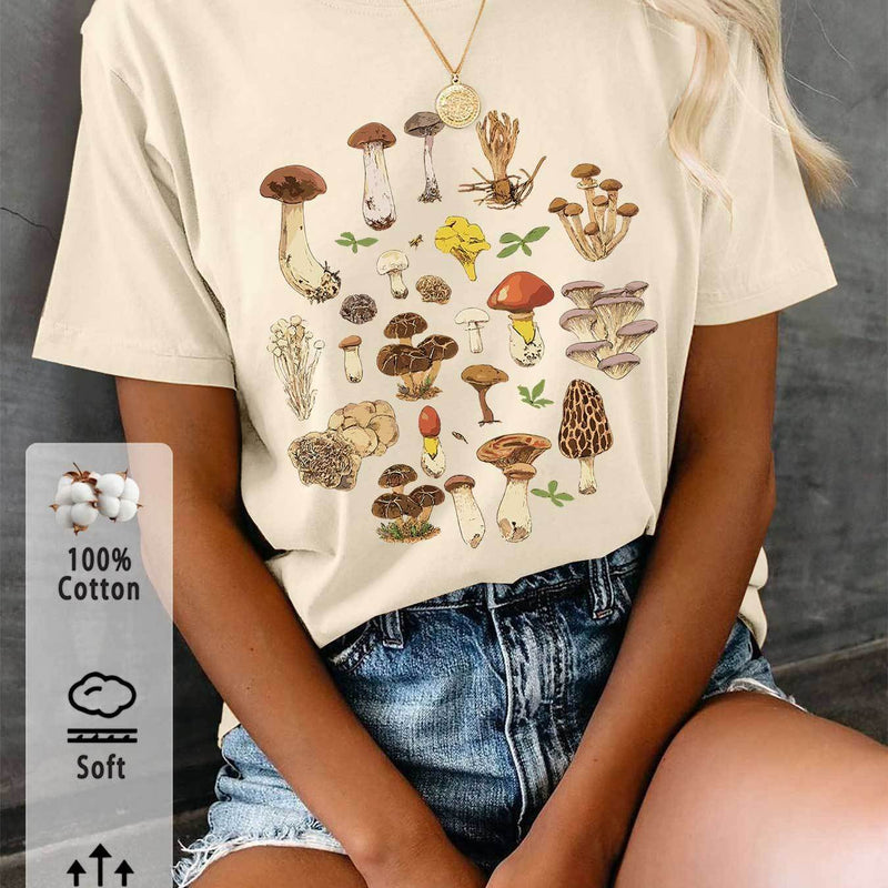 Women’s T-Shirt with Mushroom And Leaf Prints.