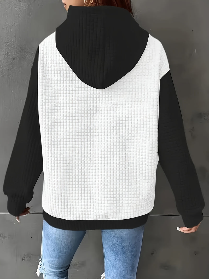Women's Casual Oversized Hoodie with Checkered Texture & Letter Print.