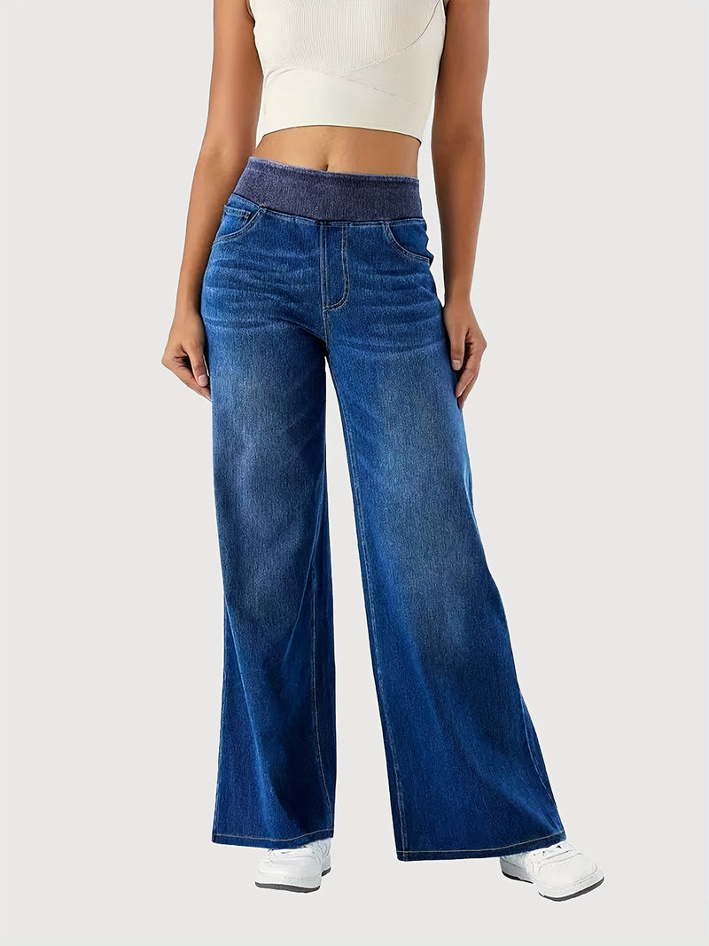 Women's Elastic Waist High-Waisted Wide-Leg Jeans.