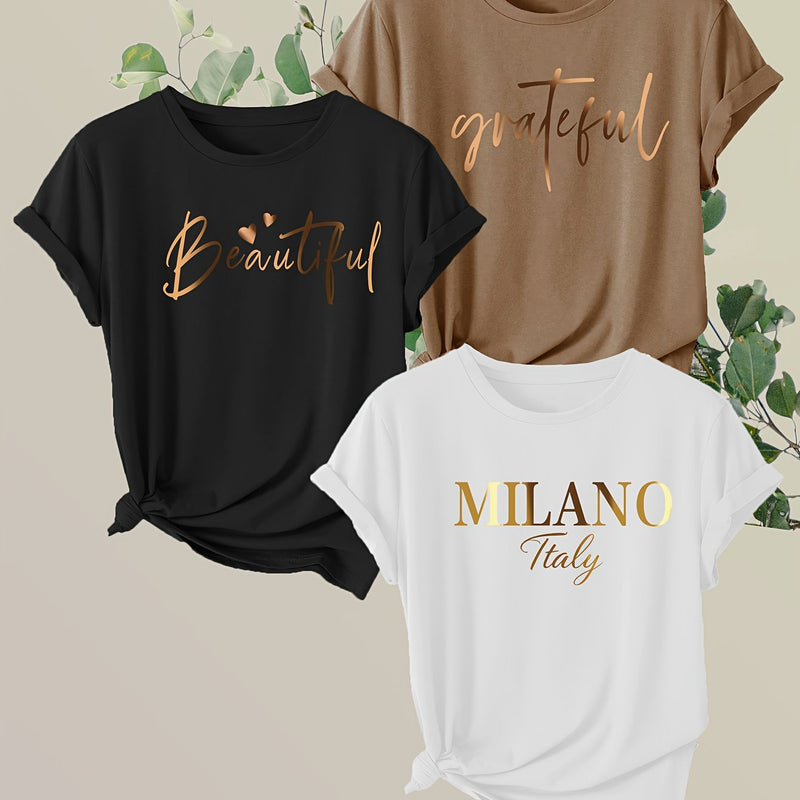 3pcs Women'S Short Sleeve T-Shirts with Inspirational Letter Print.