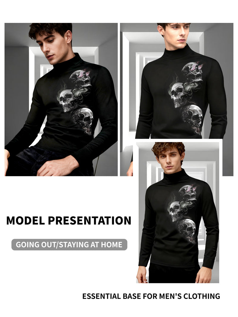 Men's Fall Three Skull Print Casual Comfort Long Sleeve Crew Neck T-Shirt.