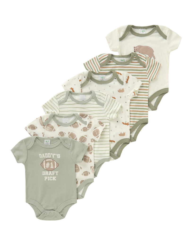 A Set of 6 Newborn Baby Bodysuits Featuring Little Bear Embroidery.