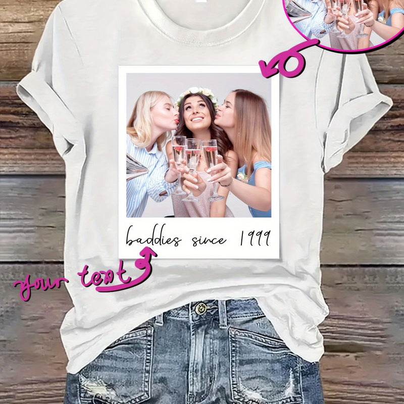 Women’s Custom Polaroid Photo & Text Commemorative T-Shirt.