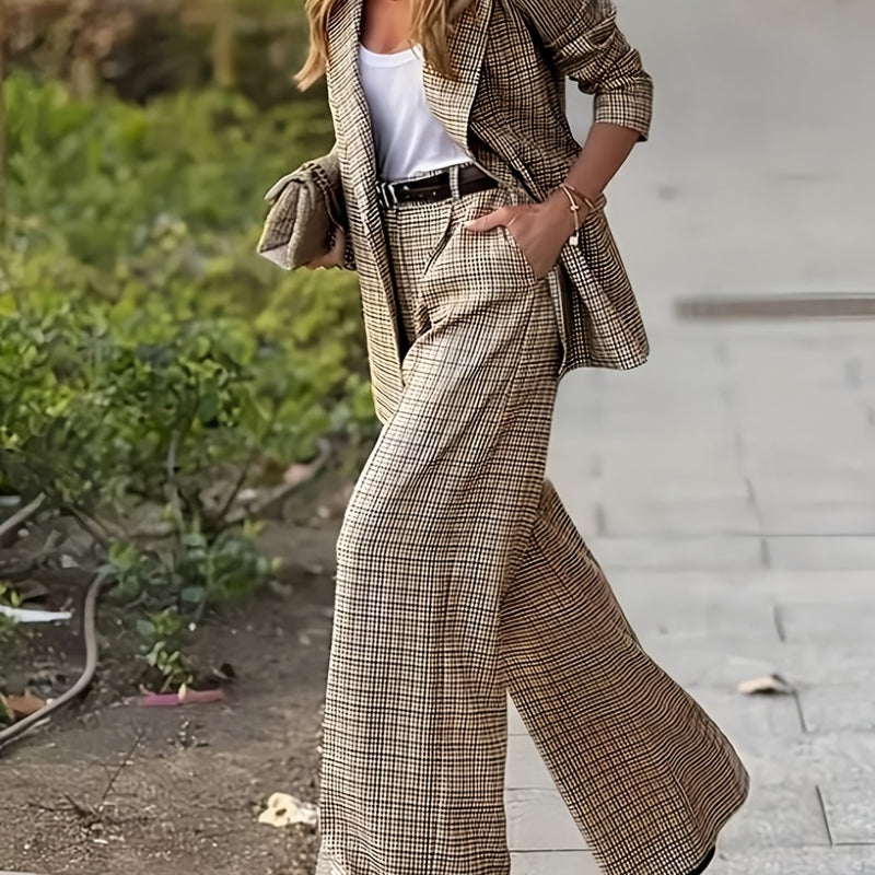 Women's Product: Lined Plaid Suit Jacket Top + Plaid Wide-Leg Pants Suit.