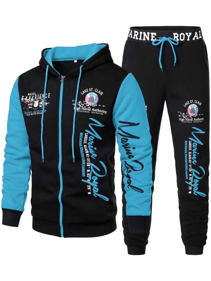 Men's Hiphop Outfit, Letter Print Long Sleeve Full-Zip Casual Jacket And Loose Jogger Pants.