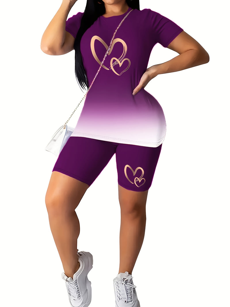 Women’s Gradient Color Love Element Spring/Summer Casual Two-Piece Set.