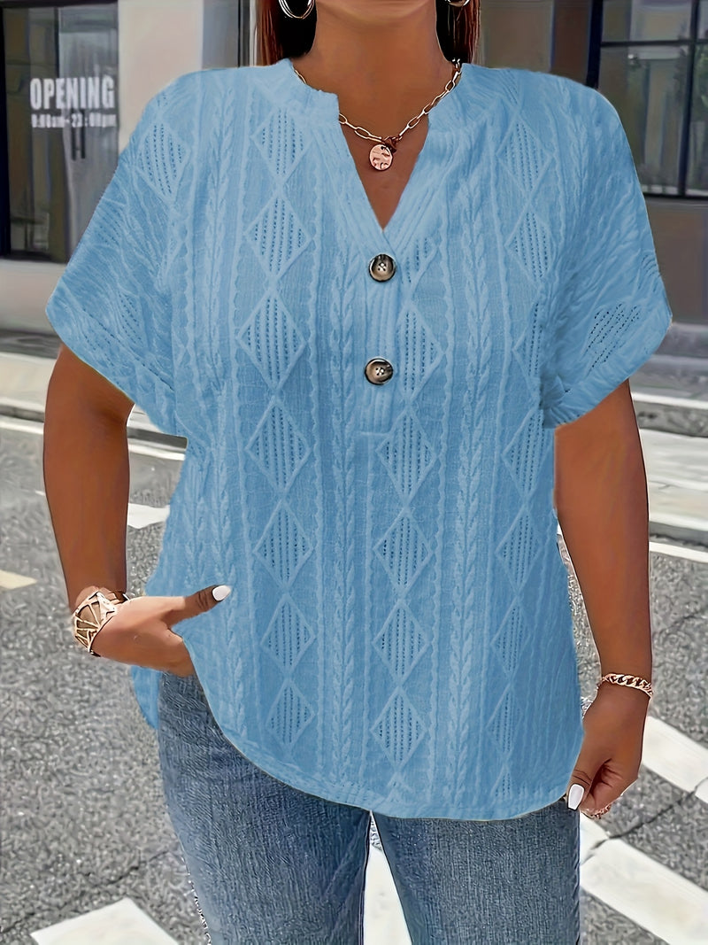 Women's Short-Sleeve V-Neck Solid Color Jacquard Hollow-Out Two-Piece T-Shirt.