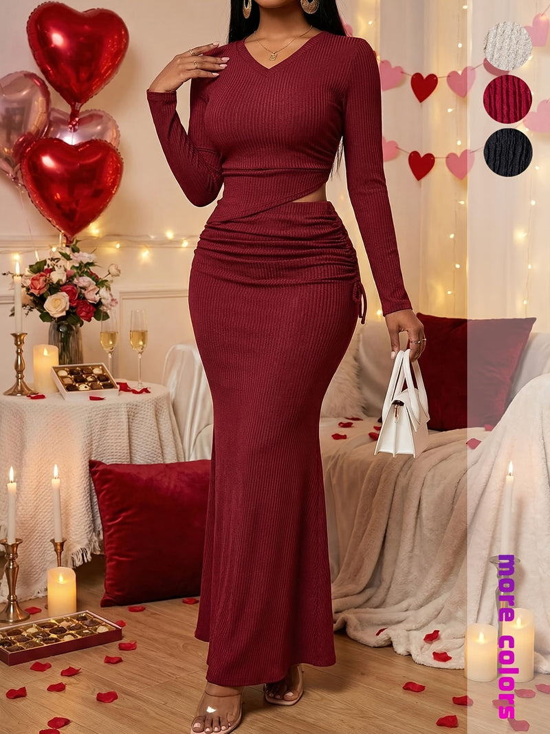 Women's 2pcs Long Sleeve V-Neck Top + Mid-Length Waist-Cinching Side-Tie.