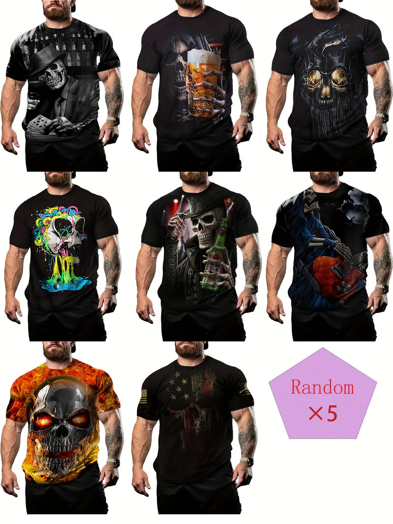 Blind Box Set of 5 Men's 3D Skull Halloween Print Random T-Shirts.