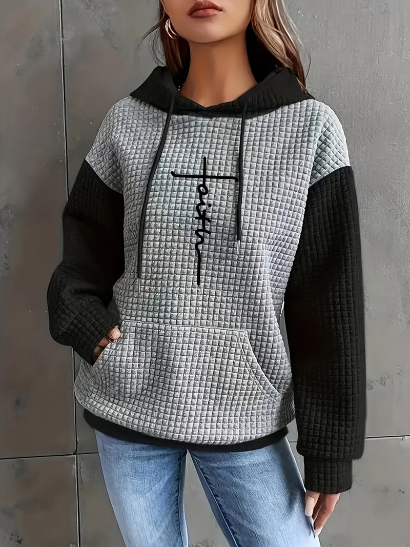 Women's Casual Oversized Hoodie with Checkered Texture & Letter Print.