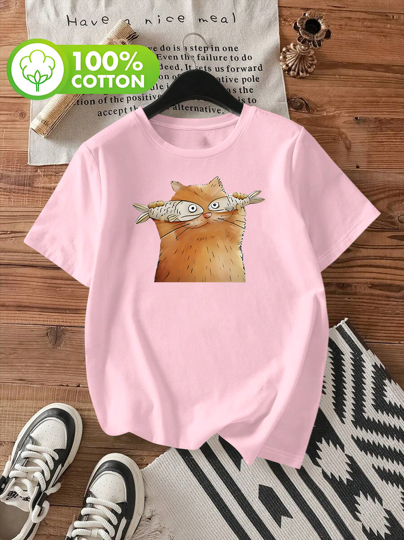 Women's Short-Sleeve T-Shirt with Cute Kitten & Cat Paw Print.