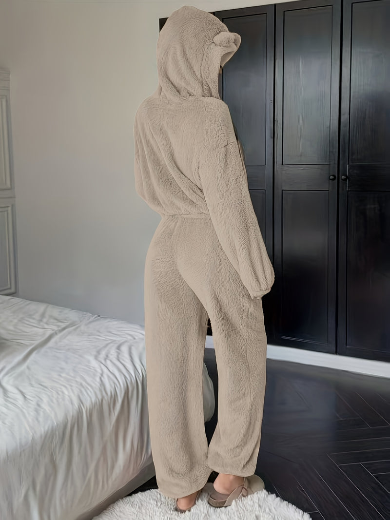 Women's Khaki Fluffy Casual Loose Double-Sided Fleece Set.