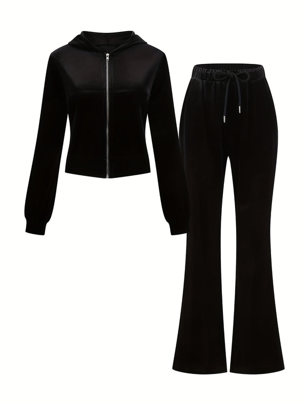 Women’s Black Rhinestone Decorated Hooded Zipper Top and Pocket Pants.