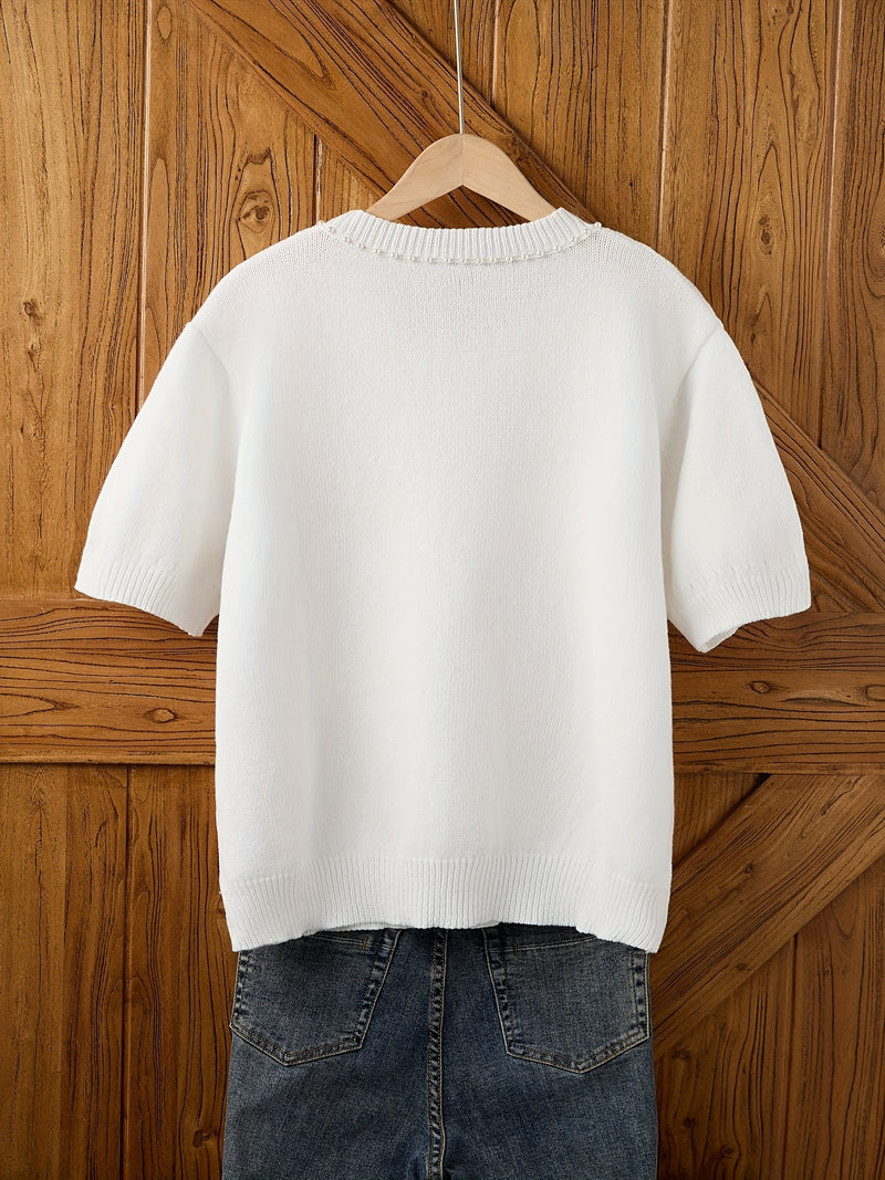 Women's Plus Size Elegant Beaded Bow & Short Sleeve Blouse.