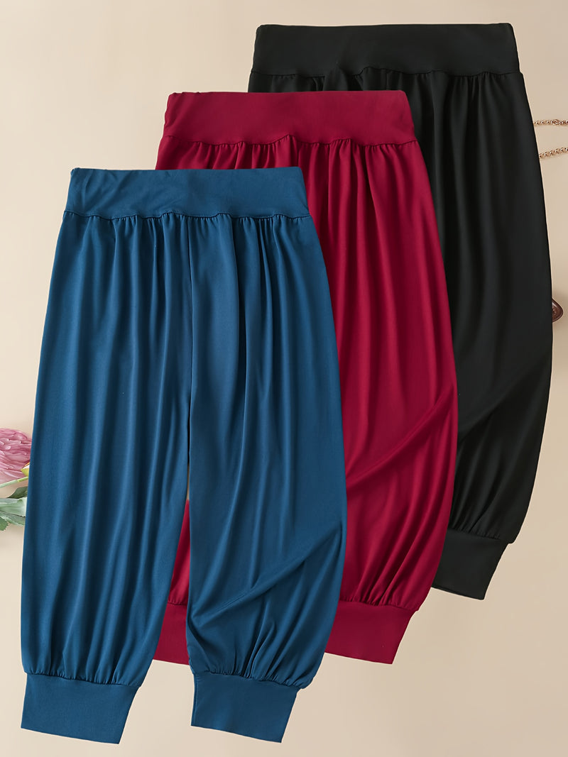 3pcs Women's 7/8 Harem Pants - Casual Stretch Polyester.
