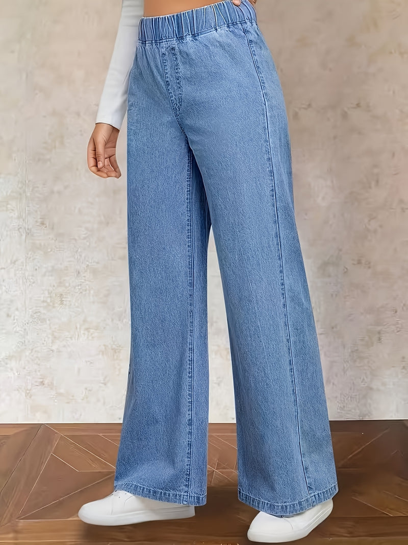 Women's Washed Casual High-Waisted Elastic Waistband Blue Jeans.