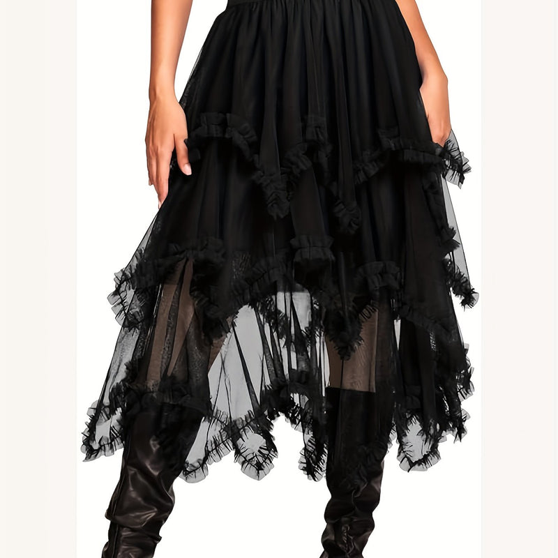 Women’s Punk-Inspired Layered Tulle Skirt with a Black Gothic Mesh.