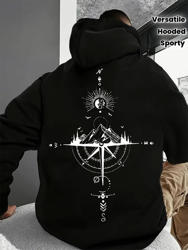 Men's Autumn/Winter Compass Print Hooded Sweatshirt.