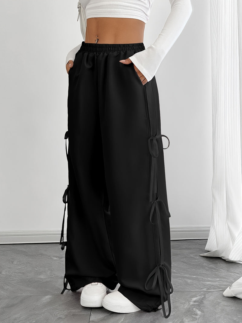 Women’s Elastic Waist Suitable for Spring, Wide-Leg Pants with Side Bow.