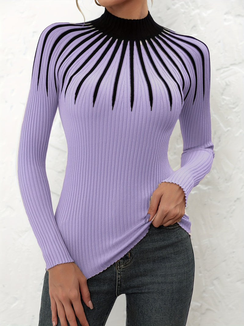 Women's Color Block Ribbed Elegant Long Sleeve Pullover.